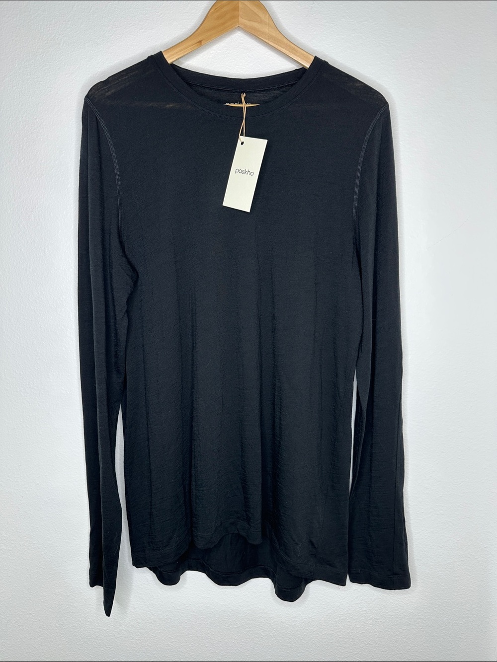 PASKHO XXL 100% MERINO WOOL Black Long-Sleeve Crew Neck Shirt Base Layer Top